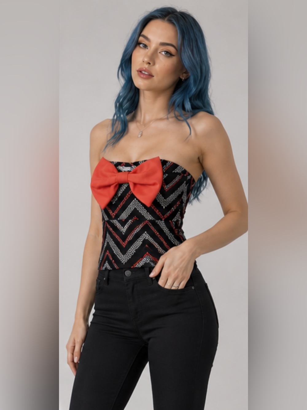 NWT Stoosh Black and Red Patterned Stretchy Tube Top with Bow